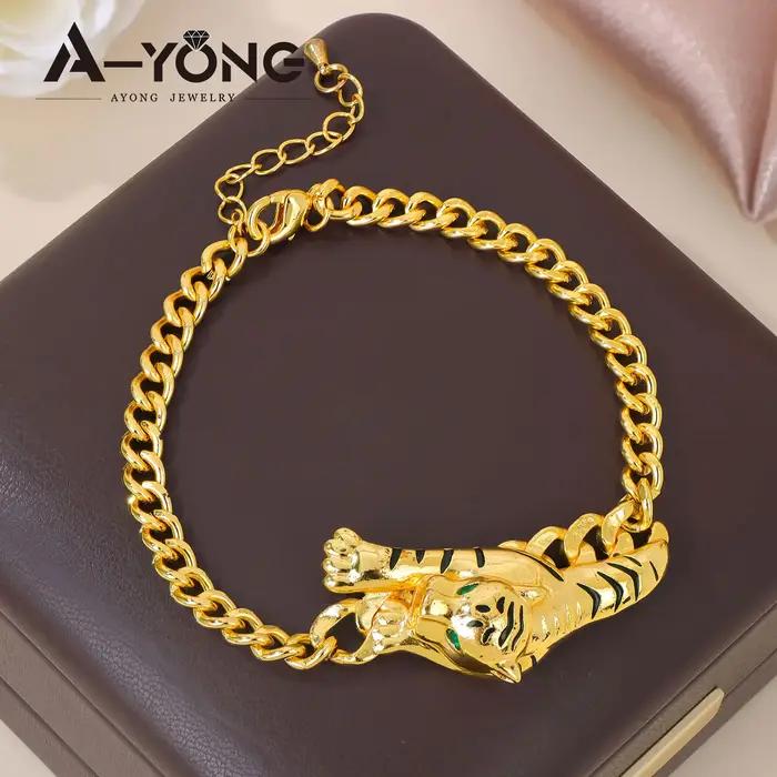 Bracelet léopard hip-hop en zircone italienne plaqué or 21 carats