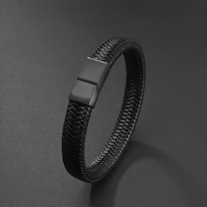 Bracelet magnétique noir pour homme en cuir tressé, bijou de mode simple, cadeau avec fermoirs stabl