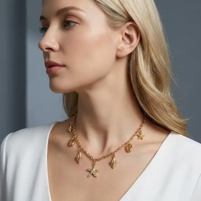 Collier pendentif étoile de mer et coquillage en zircon pour femmes style vacances d'été à la plage bijou tendance et polyvalent pour occasions spéciales