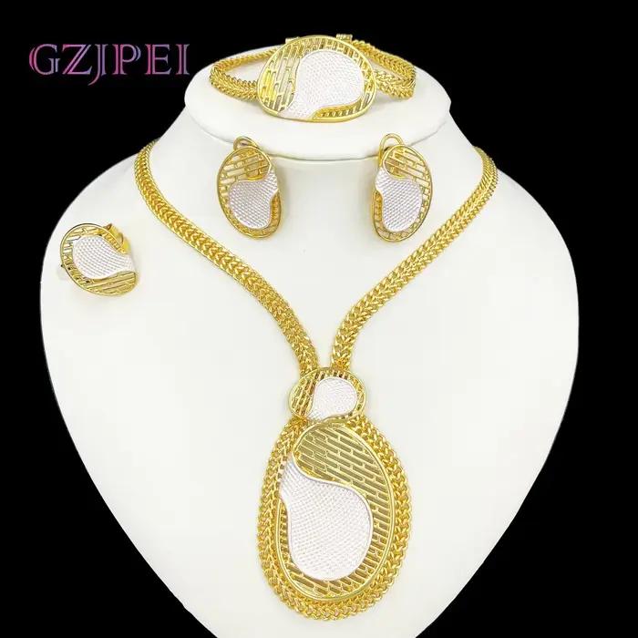 Ensemble de Bijoux Élégants pour Femme Occasions Spéciales Plaqué Or 18 Carats Collier Boucles d'Oreilles Bague Bracelet
