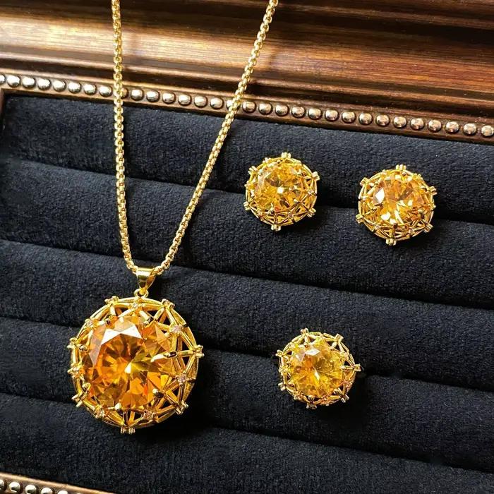 Ensemble de bijoux en argent sterling 925, luxe léger, serti de citrine 10 carats, bague, pendentif et boucles d'oreilles, diamants colorés