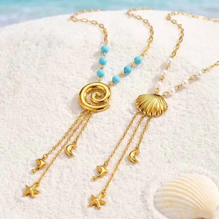 Collier Bohème Y Style Océan en Acier Inoxydable Plaqué Or 18 Carats avec Motifs Marins pour Femmes Occasions Spéciales