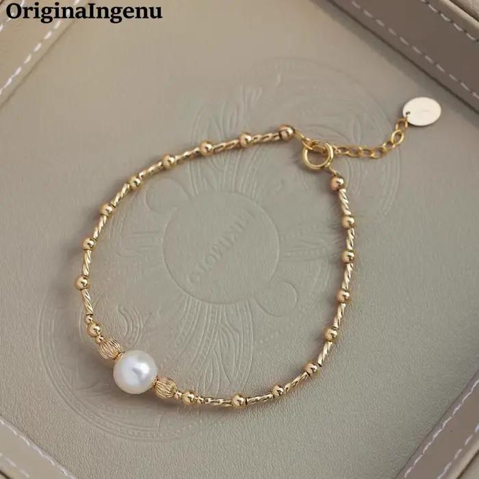 Bracelet de perles naturelles personnalisé, fait à la main, rempli d'or 14K, étanche, résistant au ternissement, bijoux Boho