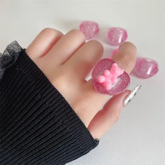 Bague Géométrique en Résine Rose pour Femme et Fille, Anneau Coloré en Acrylique, Ours, Nministériels d Papillon, Cœur, Accessoires de Bijoux