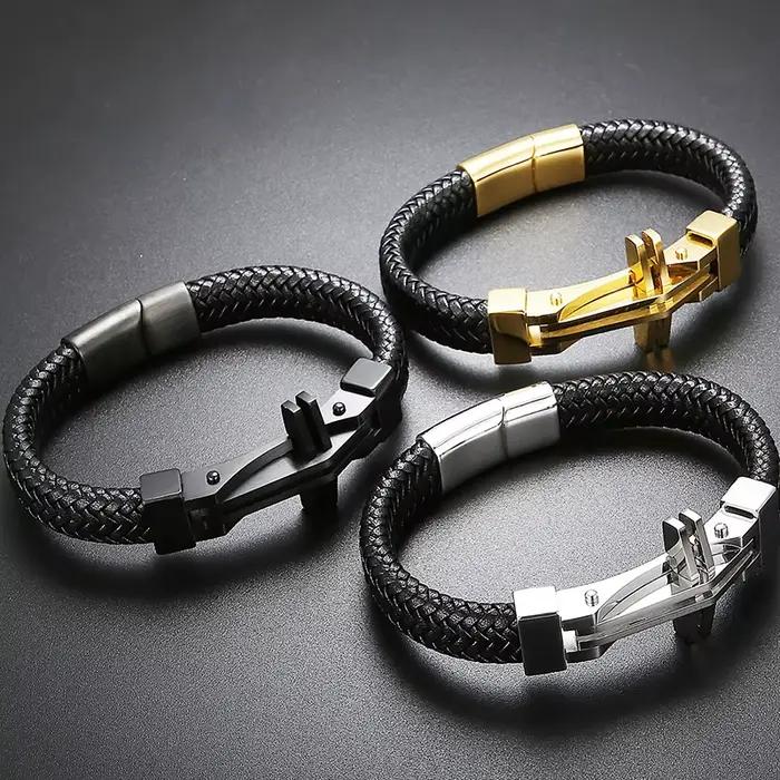Bracelet Tressé en Cuir group pour Homme, Manchette Ronde en Acier Inoxydable, avec Fermeture Magnétique, Bijoux en Croix à Graver