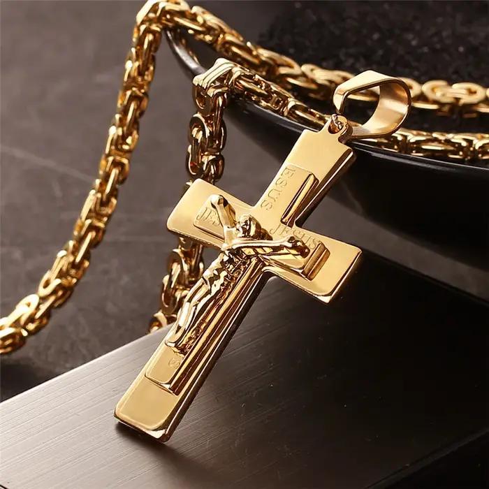 Collier pour hommes grand pendentif croix de jésus et chaîne hommes couleur or acier inoxydable coll