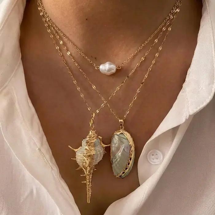 Collier Statement à 3 couches avec breloque en imitation perle coquillage conque pour femme
