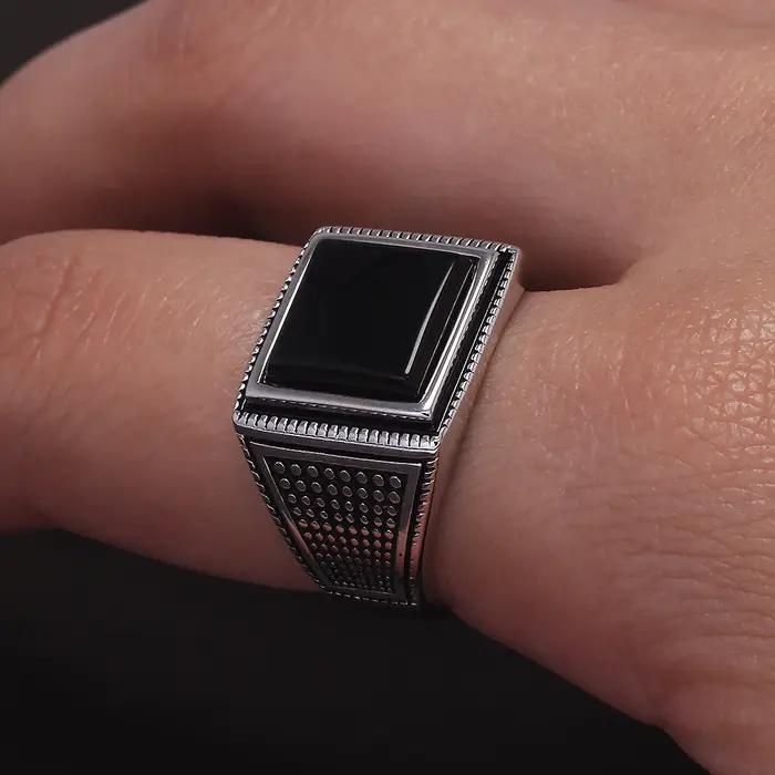 Bague en argent Sterling 925 et Onyx noir pour hommes, style vintage et rétro, alliance de mariage, bijou pour soirées et cérémonies spéciales