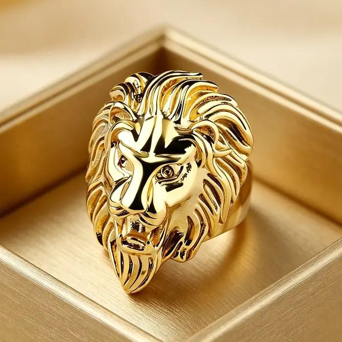 Bague Vintage Tête de Lion Dorée pour Hommes, Alliage de Zinc, Sculpture 3D Lion, Style Hip Hop Rock Biker, Bijou de Doigt Tendance pour Occasions Spéciales