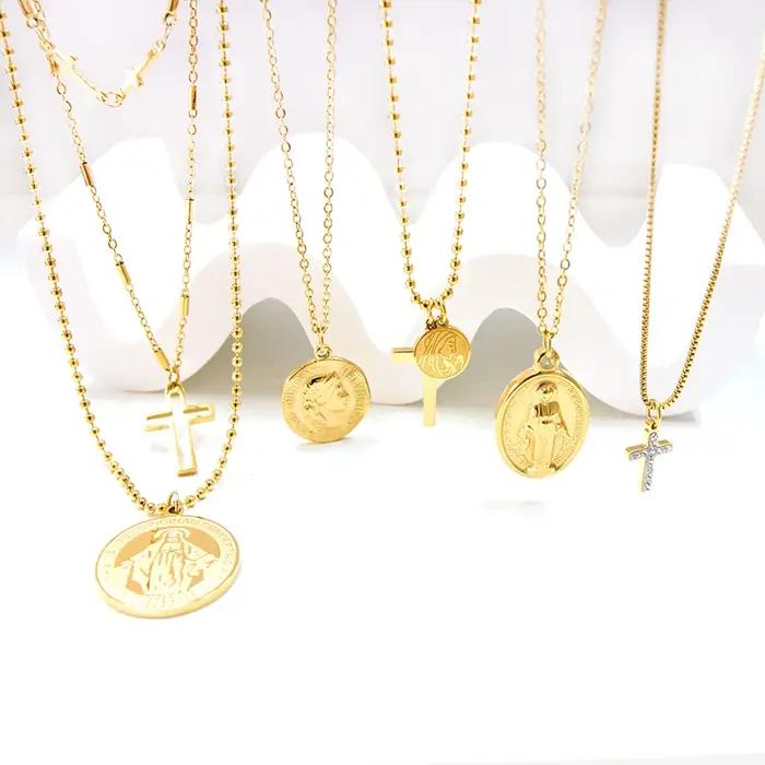 LUXUKISSKIDS acier inoxydable chapelet croix pendentif colliers christianisme bijoux économiseur Collier pour femme/homme couleur plaquée or