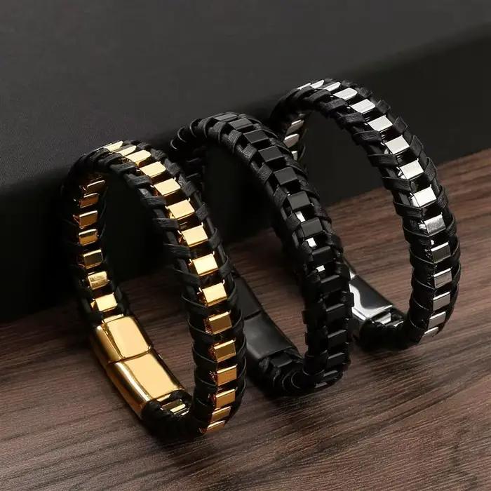 Bracelet tressé en acier inoxydable et cuir tissé à la main pour hommes