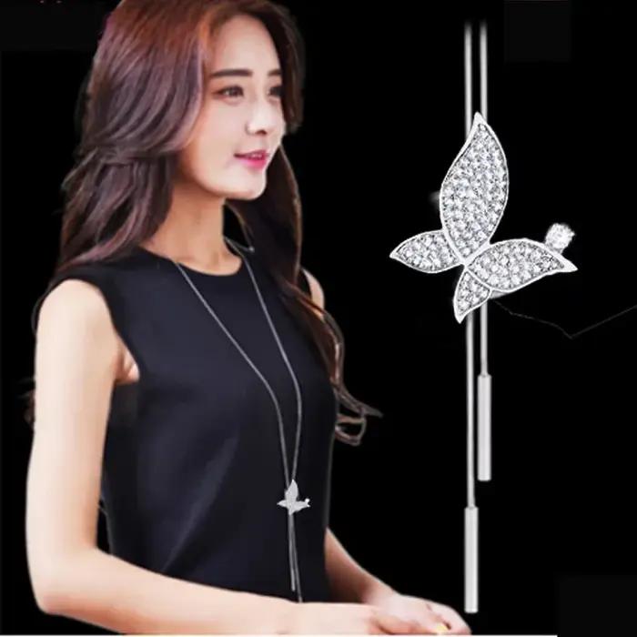Collier Long avec pendentif papillon en cristal pour femmes