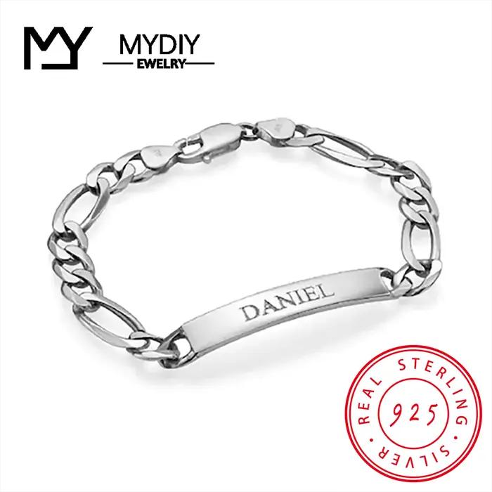 Bracelet d'identification personnalisé en argent sterling 925 pour hommes, gaufrage de nom personnal