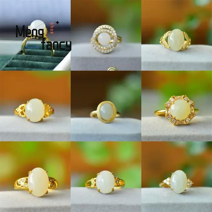 Bague en cuivre incrusté de jade blanc Hetian naturel, forme œuf de pigeon, bijoux de mode exquis, cadeaux populaires pour jeunes filles et couples, idéal pour les fêtes.