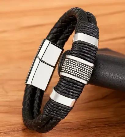Bracelets en cuir tressé vintage pour hommes, bracelets classiques en acier inoxydable, bracelets pu