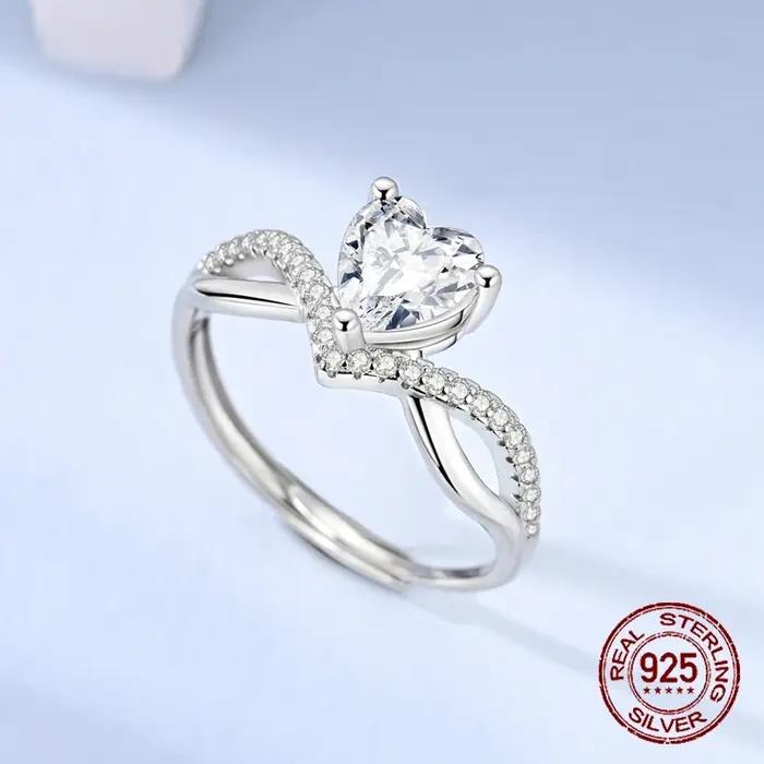 Bague Saint-Valentin en argent sterling 925 avec incrustation de zirconium blanc alliance de couple pour femmes occasions spéciales romantiques