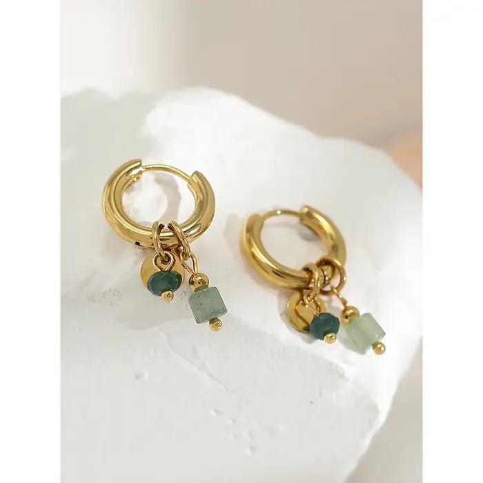 Boucles d'oreilles créoles JA-CHAN en acier inoxydable plaqué or et pierre naturelle pour femmes style rétro et occasions spéciales