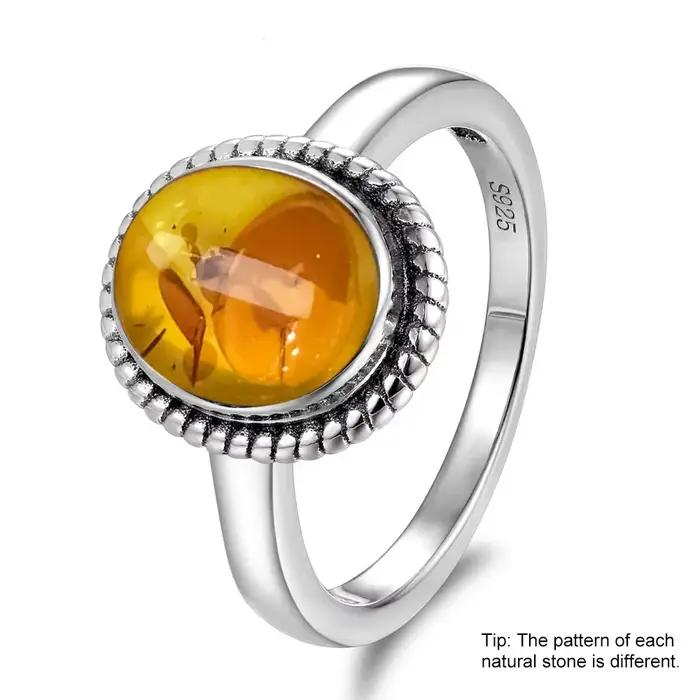 Bagues en argent Sterling 925 en pierre d'ambre naturelle