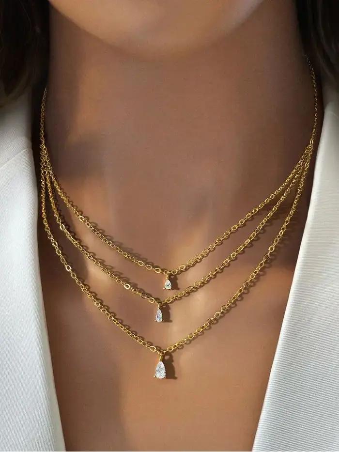 Collier goutte d'eau dorée à trois couches en argent Sterling 925 pour femmes romantique mariage occasions spéciales zirconium blanc elegant à offrir