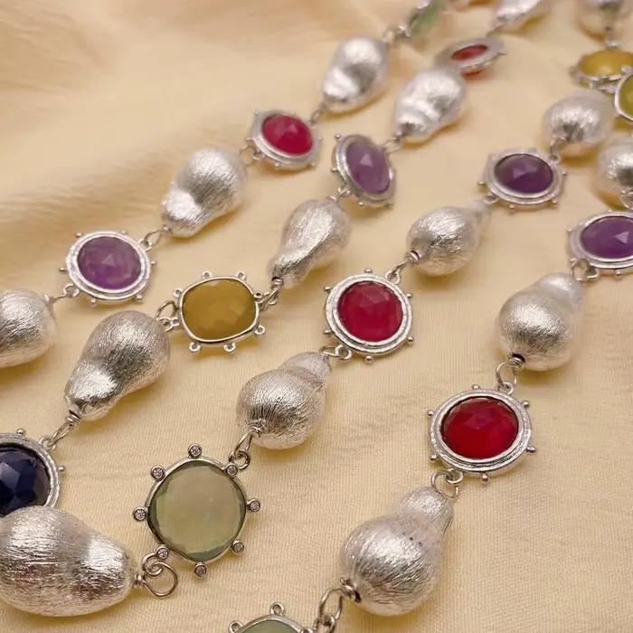 YYGEM – collier long multicolore en pierres précieuses, 16mm, améthyste, fluorite, quartz, perles brossées, bijoux de créateur