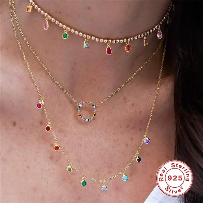 Aide 925 argent Sterling français élégant rond fin polyvalent couleurs Zirconium femmes collier exquis tour de cou chaînes bijoux