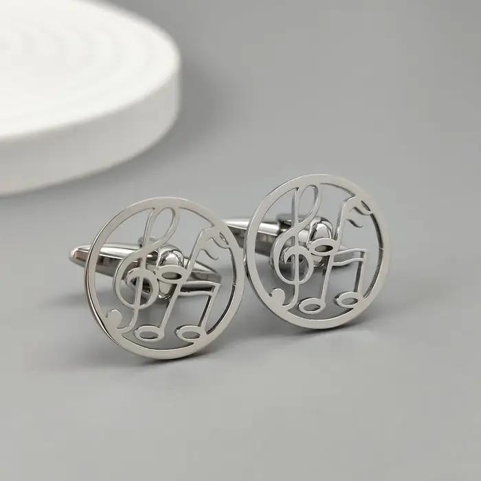 Nouveau - Boutons de manchette en acier inoxydable plaqué or 18 carats : note et clé triple, design