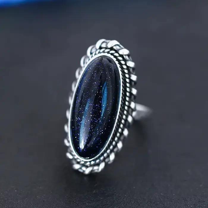 Bague rétro en argent, bijoux Vintage en pierre de grès bleue