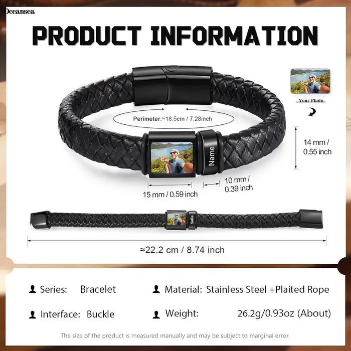 Bracelet Photo Personnalisé pour Homme en Acier Inoxydable avec Gravure Nom et Motif Paix Occasions Spéciales Mode Hiphop Rock