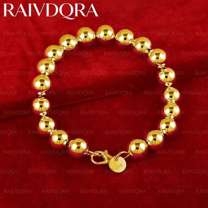 Bracelet à perles rondes plaqué or 18 carats de 10 mm pour hommes et femmes