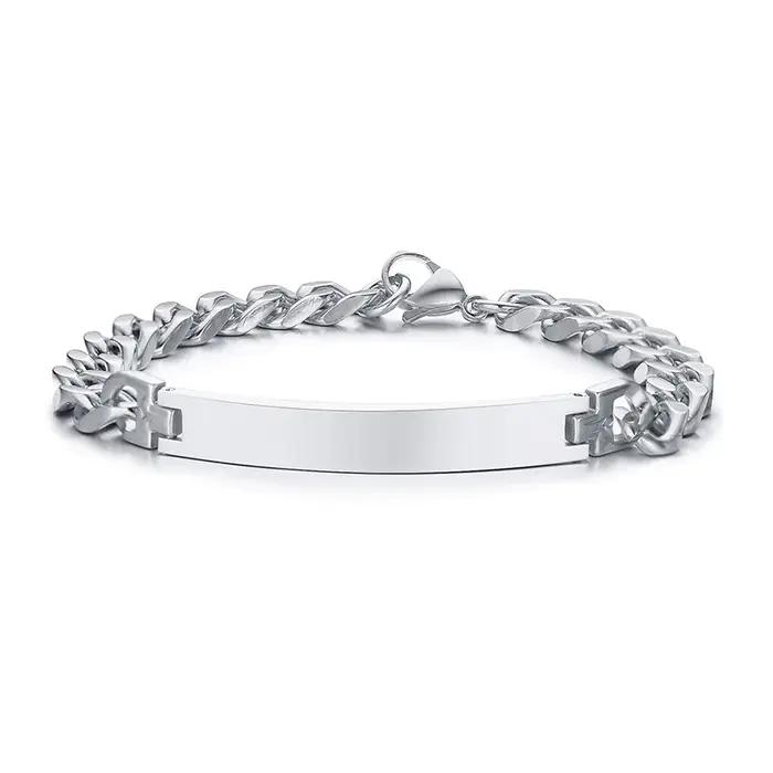 Bracelet d'identification de chaîne de bordure en acier inoxydable pour hommes, couleur argent, Brac