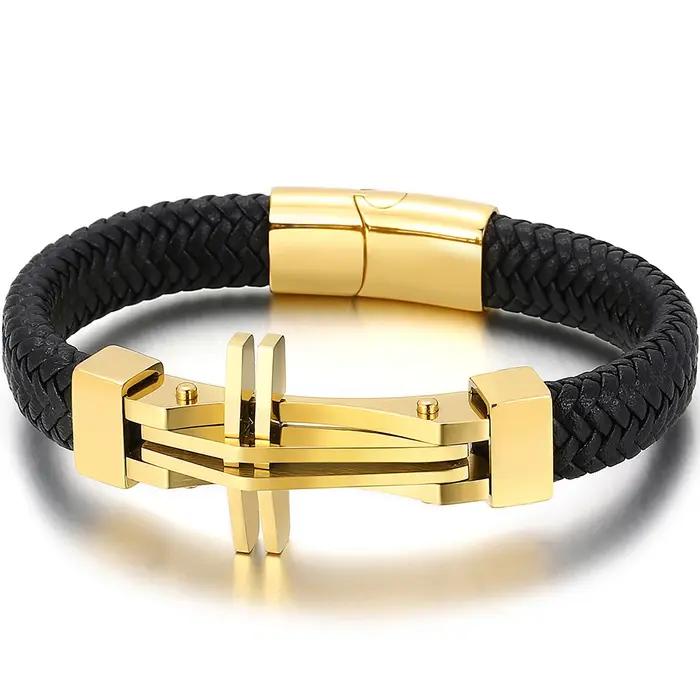 Bracelet Tressé en Cuir group pour Homme, Manchette Ronde en Acier Inoxydable, avec Fermeture Magnétique, Bijoux en Croix à Graver
