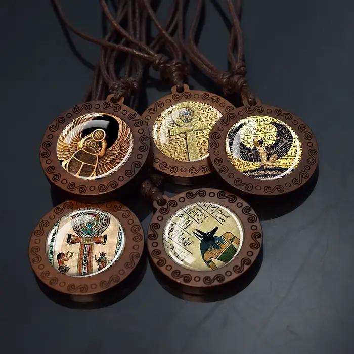 Pendentifs de l'egypte ancienne Ankh Anubis Scarab Sphinx Isis déesse pendentif en bois chaînes de corde collier pour femmes hommes bijoux égyptiens