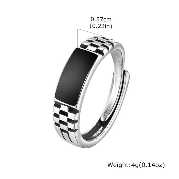 Bague rectangulaire noire pour hommes et garçons, bague carrée classique, bague en métal, échiquier,