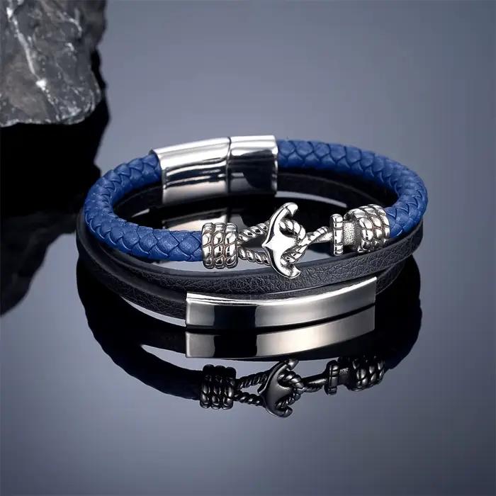 Bracelet ancre en cuir multicouche Vintage pour hommes et femmes, fait à la main, couleur bleu/rouge