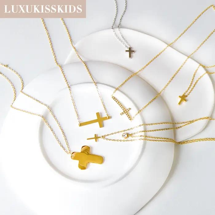 LUXUKISSKIDS acier inoxydable chapelet croix pendentif colliers christianisme bijoux économiseur Collier pour femme/homme couleur plaquée or