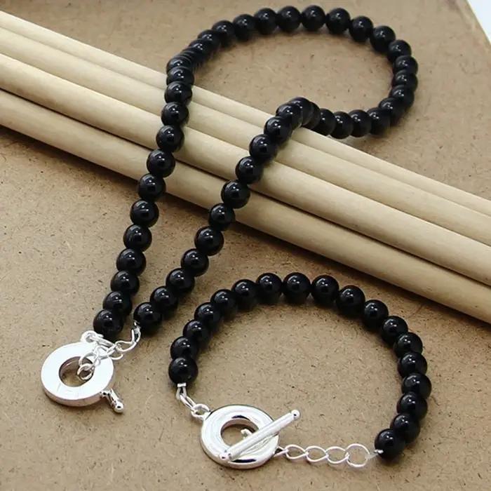 Ensemble de bijoux en argent 925, collier et Bracelet en perles noires pour femmes et hommes, access