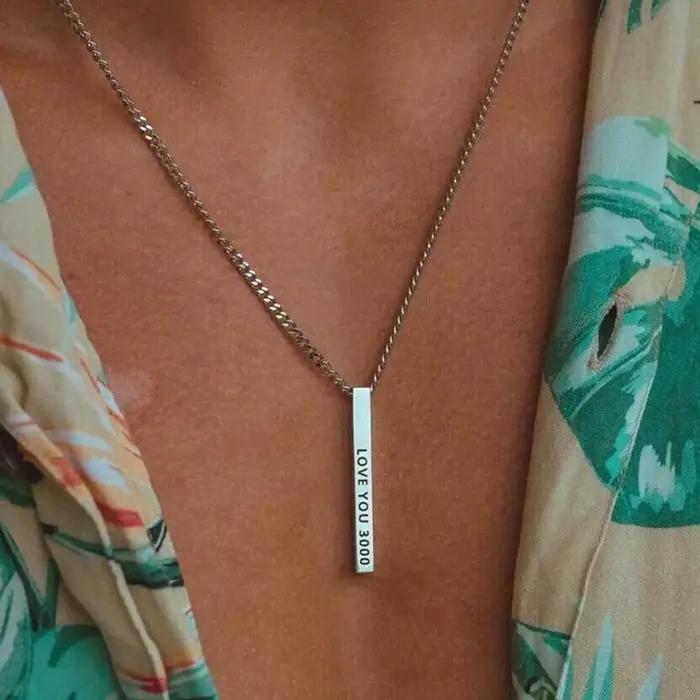 Chaîne cubaine de 2MM, gravure sur quatre côtés, barre carrée personnalisée, collier avec nom person
