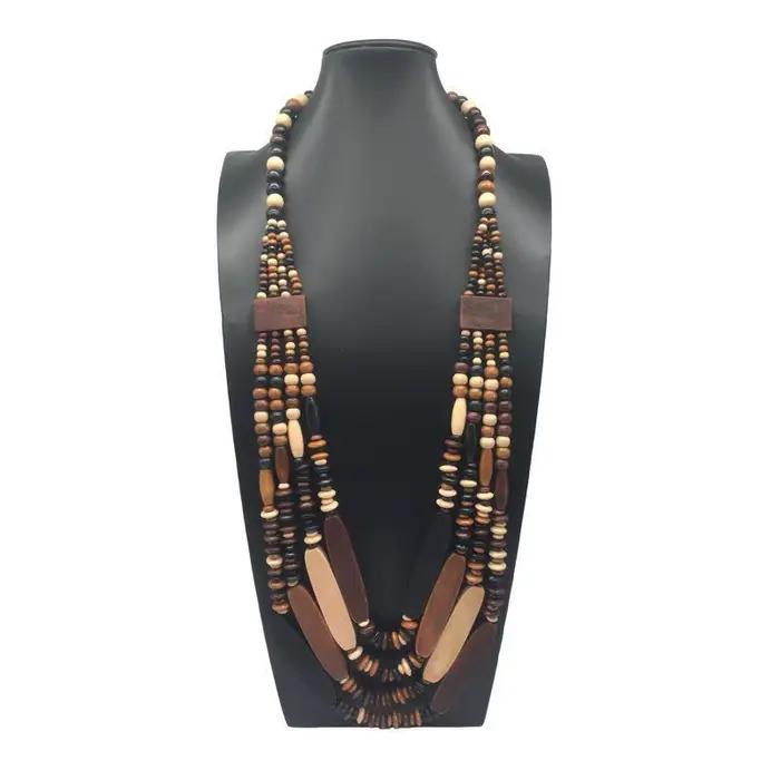 Collier ethnique géométrique en perles de bois avec chaîne de pull multicouche