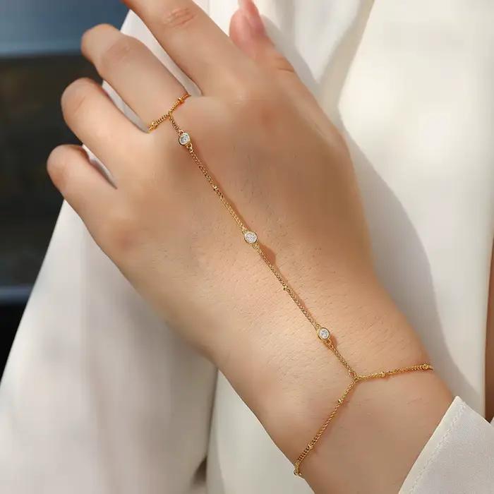Bracelet Chaîne de Main en Argent Sterling S925 Plaqué Or avec Moissanite JIUZUAN