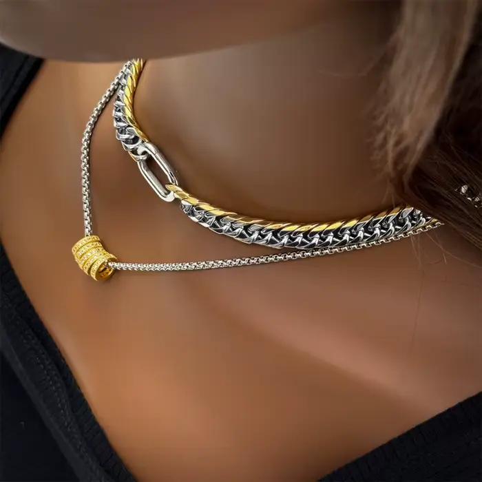 Collier à breloques en acier inoxydable plaqué or 18 carats avec breloques géométriques en zircon pour femmes, idéal pour vie quotidienne et occasions spéciales