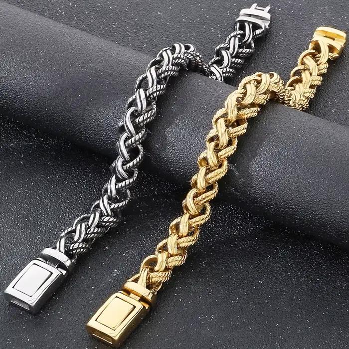 Bracelet vintage pour homme, en acier inoxydable tressé, chaîne à maillons torsadés, couleur or de luxe, bijoux pour poignet, cadeaux