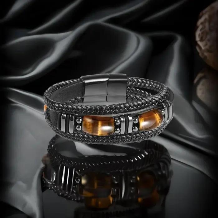 Bracelet en cuir noir œil de tigre pour hommes