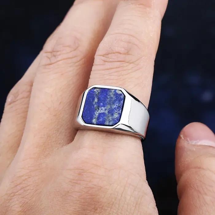 Bague en acier inoxydable poli avec pierre bleue pour hommes et femmes