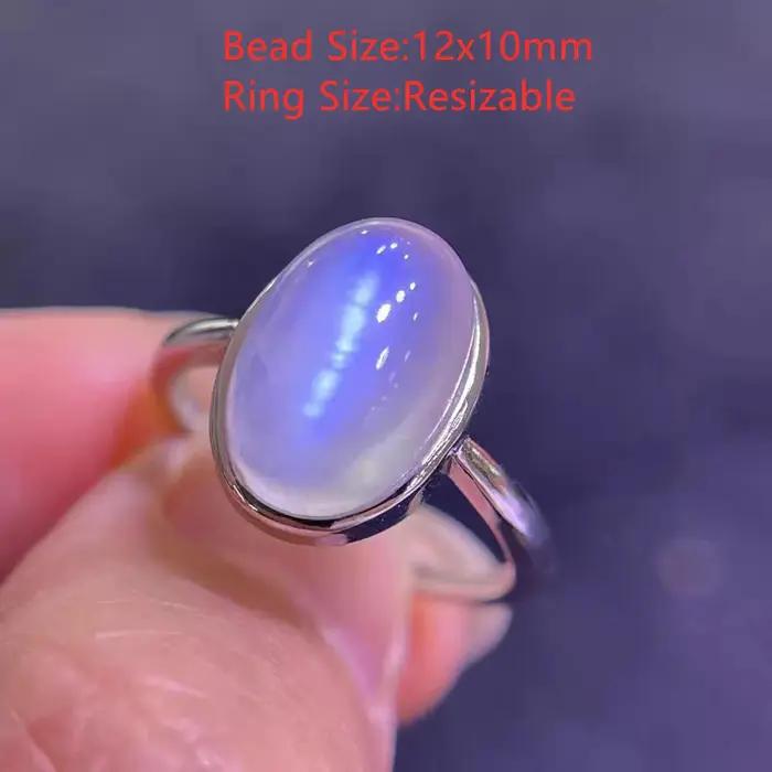 Bague réglable en pierre de lune naturelle bleue claire, cristal ovale 12x10mm, en argent Sterling 9