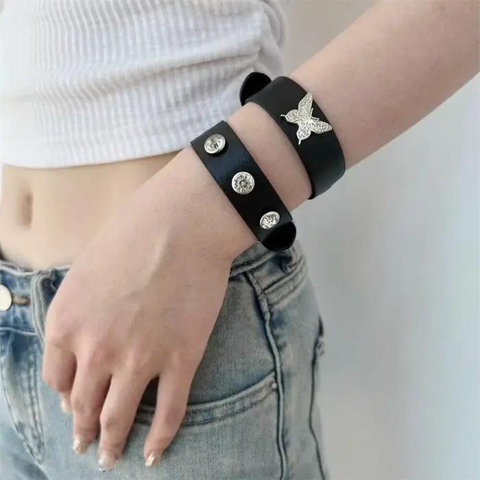 Bracelet noir punk cool pour femmes et hommes, bracelet vintage gothique réglable en PU, bijoux tendance, hip hop, rock, accessoires de danse Kpop