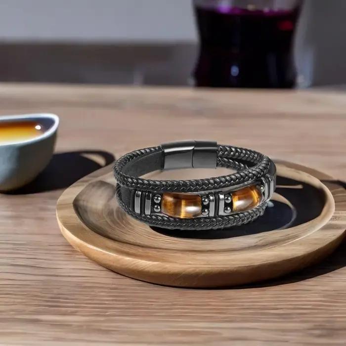 Bracelet en cuir noir œil de tigre pour hommes