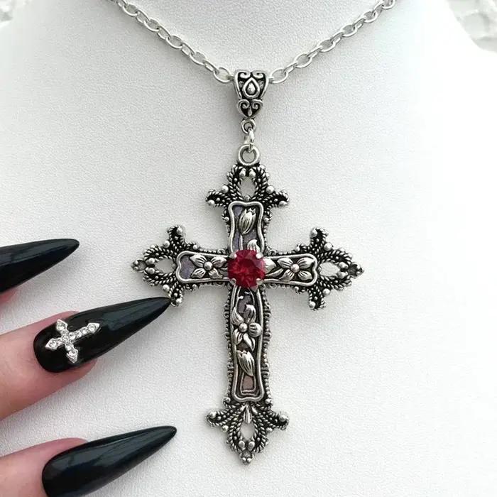 Y2K Punk cristal grande croix pendentif colliers pour femmes hommes gothique irrégulière