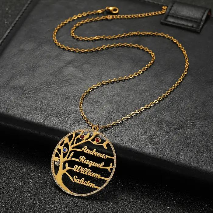 Collier personnalisé en acier inoxydable arbre de vie avec pierre de naissance pour inscrire jusqu'à six noms cadeau pour anniversaire mariage naissance famille et amis
