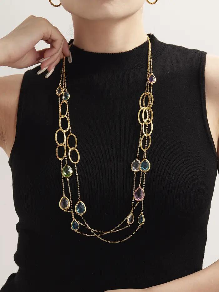 Collier chaîne de pull longue de 82cm en acier inoxydable plaqué or 18 carats avec gouttelettes brillantes
