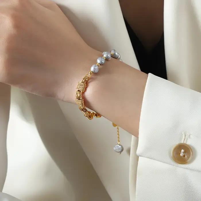 Bracelet en perles d'eau douce grises, bracelet en agate noire, bracelet en perles de pierre naturel